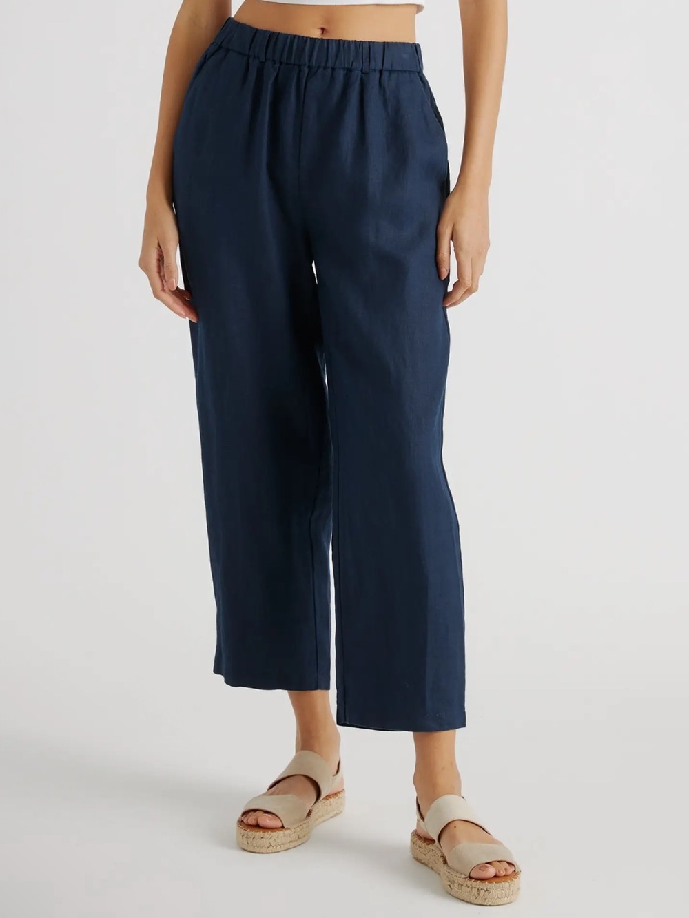 Quince Navy Cropped Wide-Leg Pull-On Pants European Linen